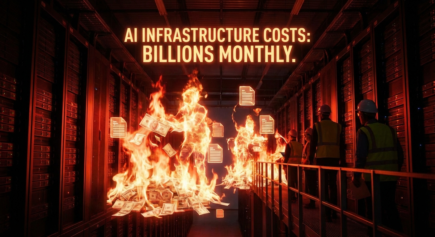 Dinero quemándose como llamas digitales dentro de un datacenter masivo de IA