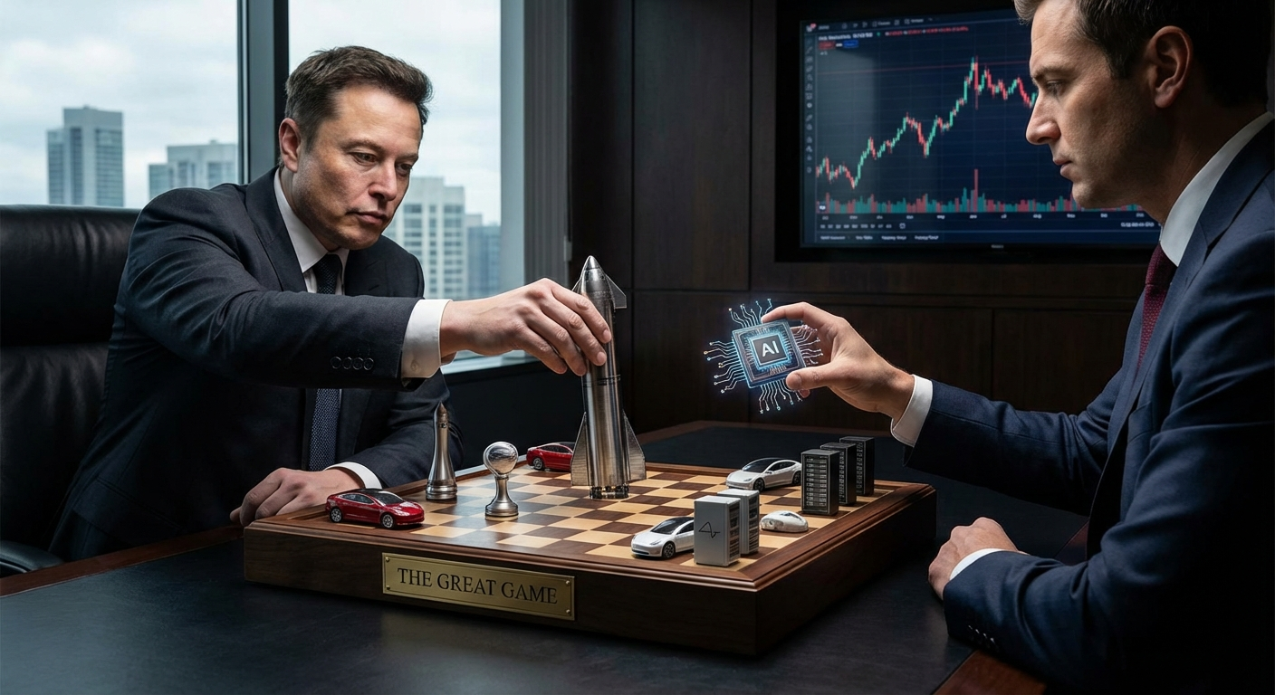 Tablero de ajedrez corporativo con cohete y chip de IA como piezas siendo movidas estratégicamente