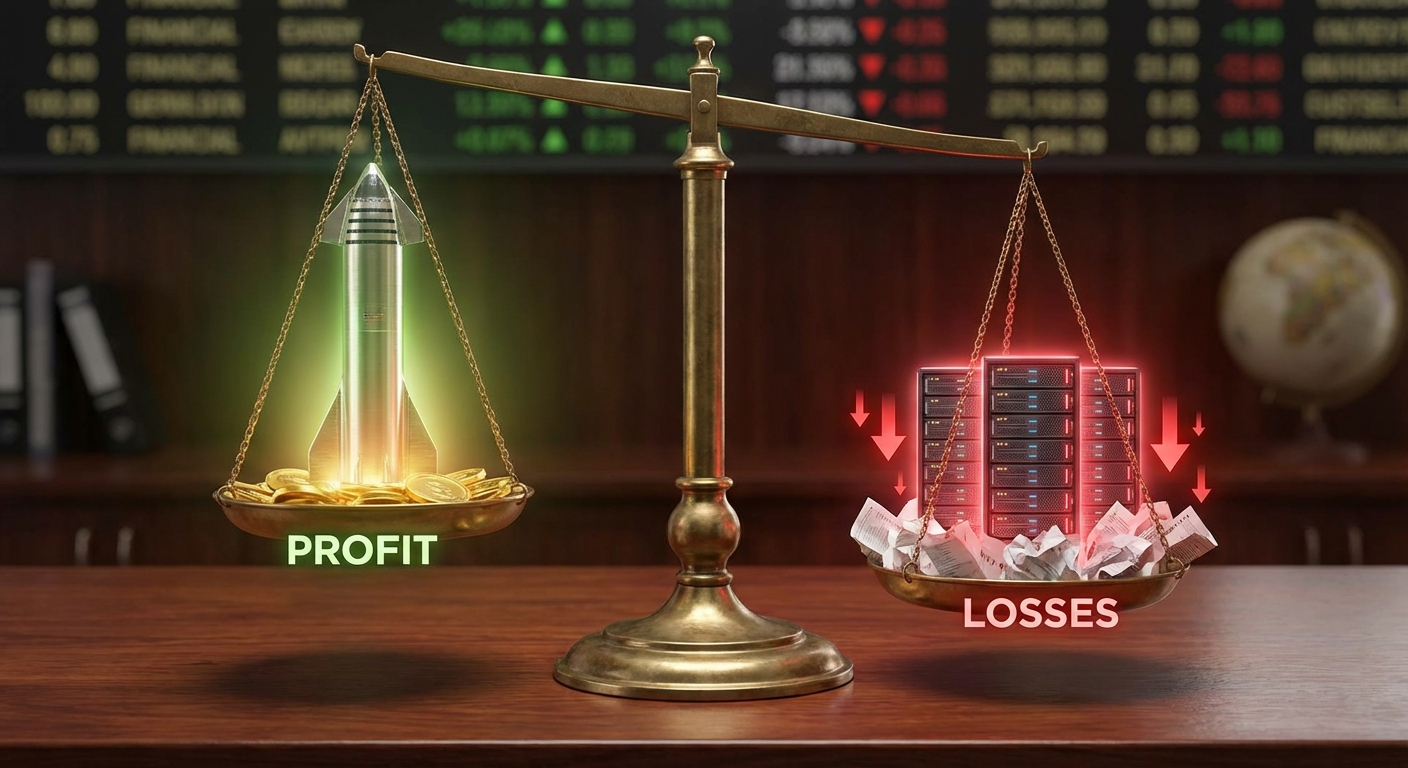 Balanza mostrando cohete SpaceX rentable en verde vs servidores de IA con pérdidas en rojo